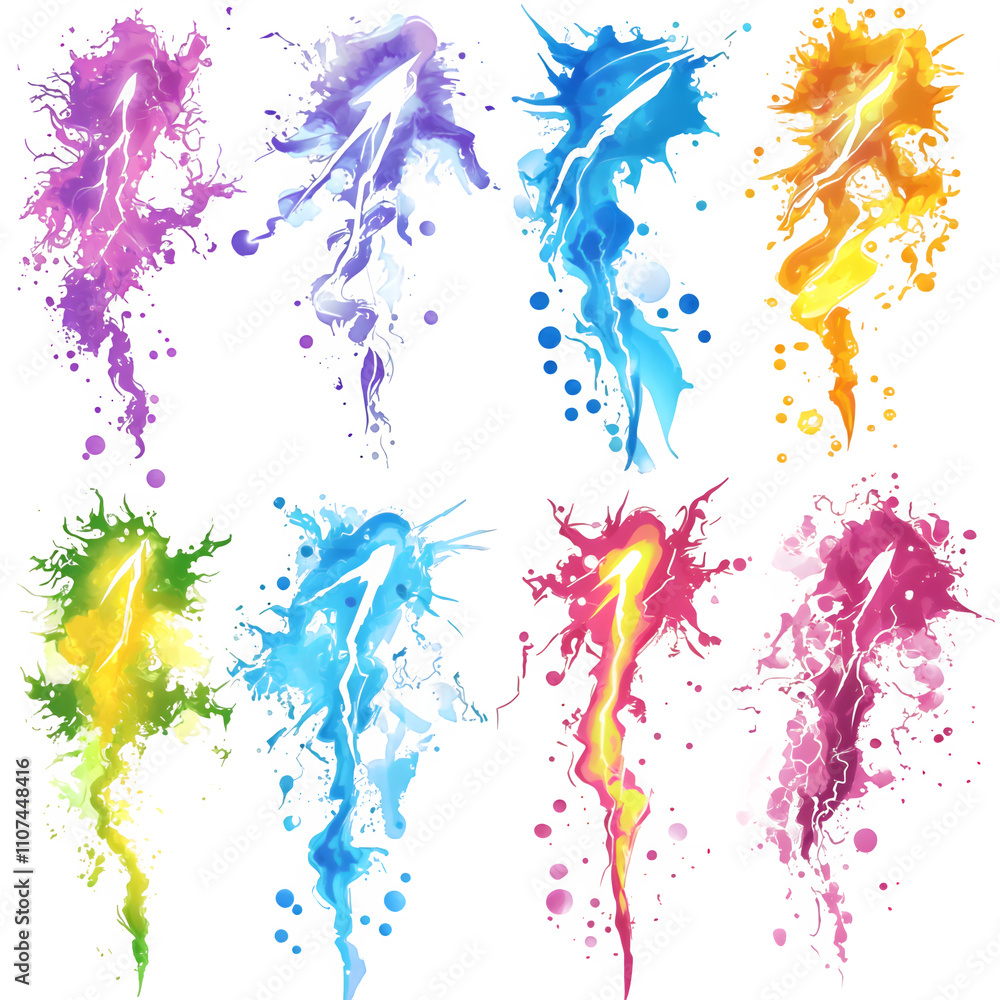 Aufkleber Vibrant and dynamic visual of eight colorful paint splashes exploding on a transparent background