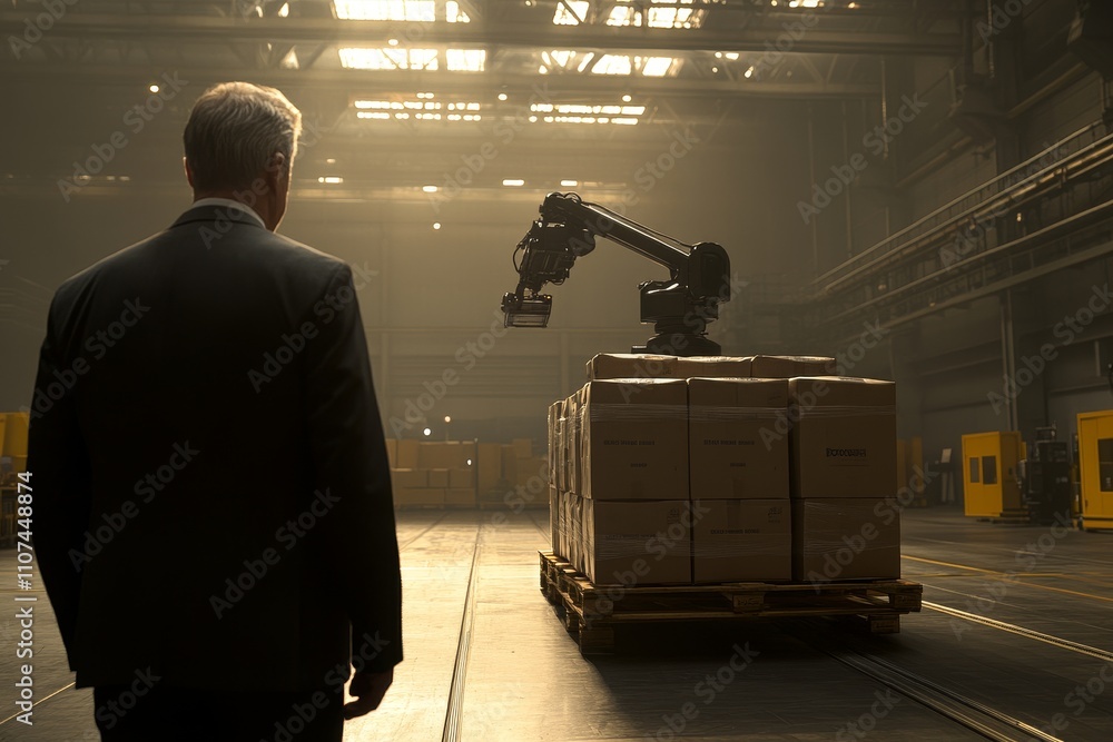 Poster man observing industrial robot in warehouse surrounded by cardboard boxes with dramatic lighting and