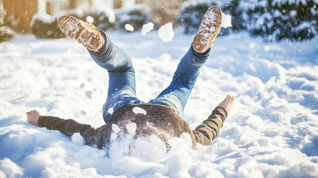 Man falling headfirst with legs up in the air into deep snow, experiencing winter slippery conditions, danger of accident, cold weather hazards, winter safety concept - Powered by Adobe