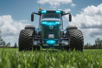 Modern Agricultural Tractor Facing Forward on Lush Green Field Under Bright Blue Sky with Clouds, Showcasing Advanced Technology in Farming Machinery