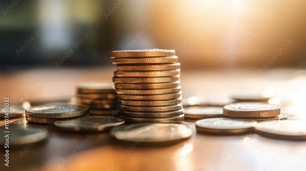 Poster a collection of coins is stacked neatly on a wooden surface, illuminated by warm sunlight. the arran