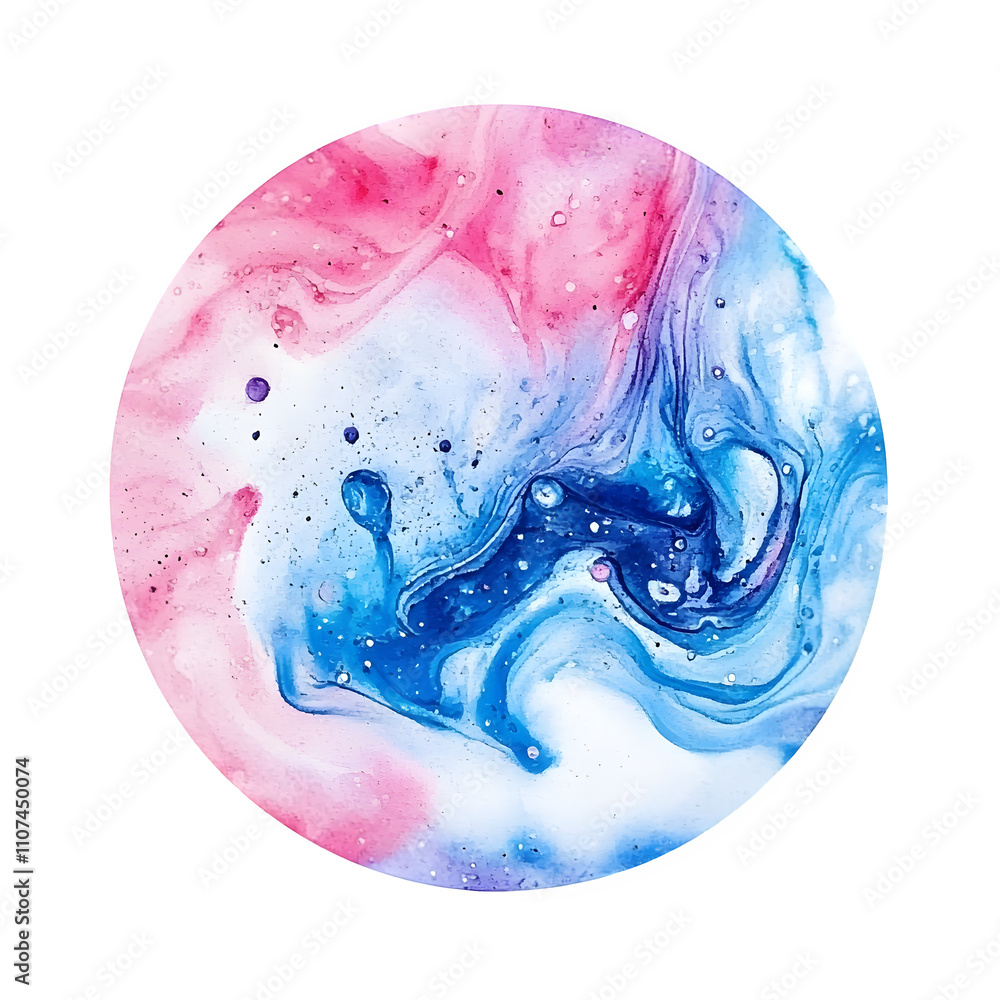Poster pink and blue acrylic paints mix in a perfect circle, creating a mesmerizing abstract design on a tr