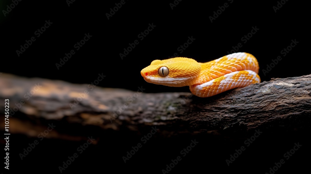 Poster bright orange snake resting on a branch in a dark environment showcasing its vibrant colors and uniq