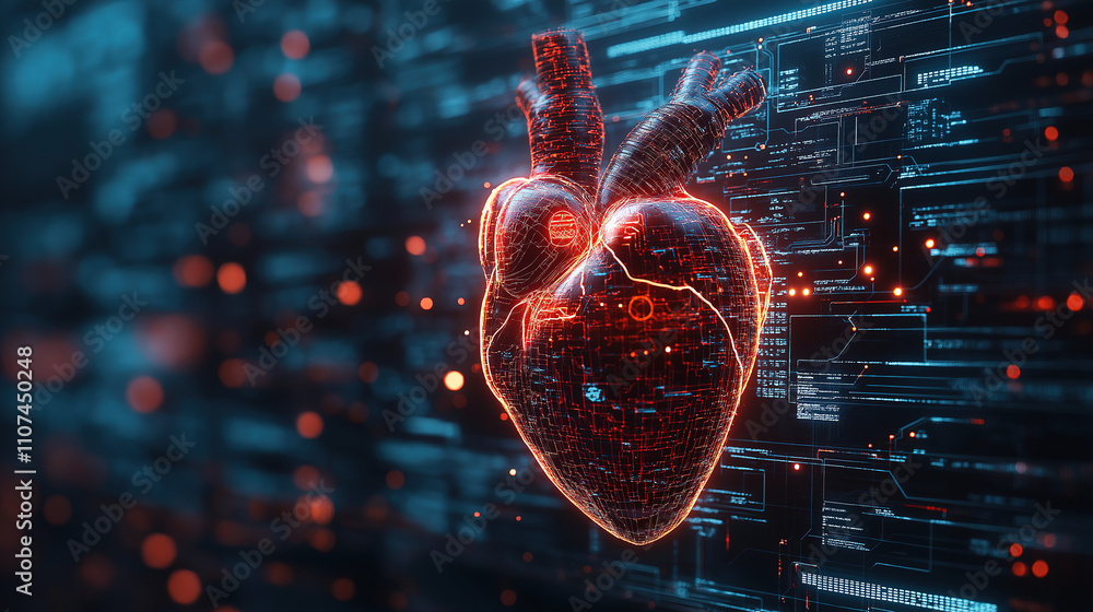 Poster digital representation of a human heart surrounded by glowing data and technology elements in a futu
