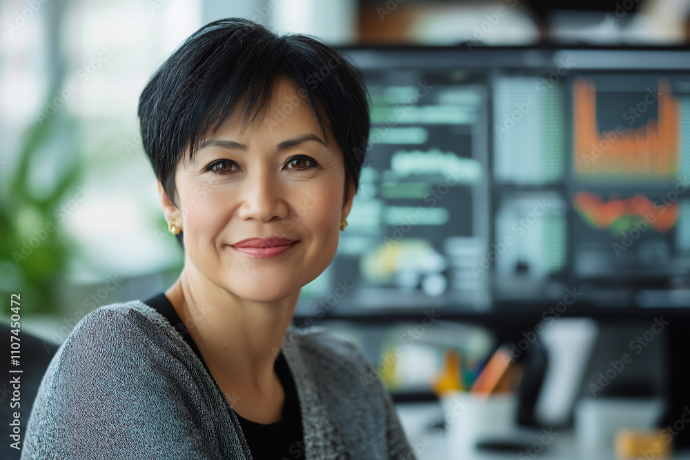 Poster professional woman at work in a modern office with data charts displayed. generative ai