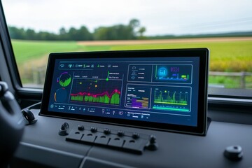 Modern Dashboard Interface Displaying Real-Time Data Metrics and Analytics for Vehicle Performance in a Scenic Agricultural Landscape