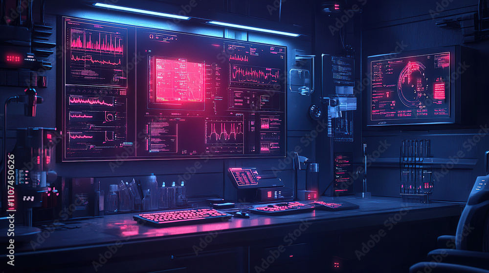 Poster high-tech control room with glowing screens and data analysis displays during nighttime operations. 