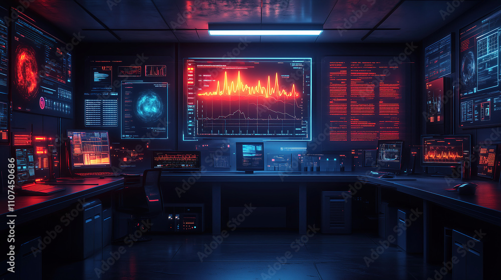 Poster high-tech control room with glowing screens and data displays at night. generative ai