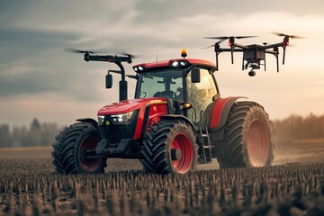 Fototapeta premium Modern Farming Technology: A Red Tractor with Drone Support Operating in an Agricultural Field at Sunset, Showcasing Precision Farming Innovations