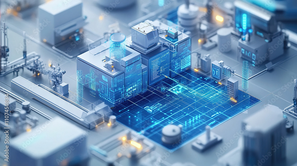 Poster high-tech industrial facility with advanced technology and digital interfaces in a modern manufactur