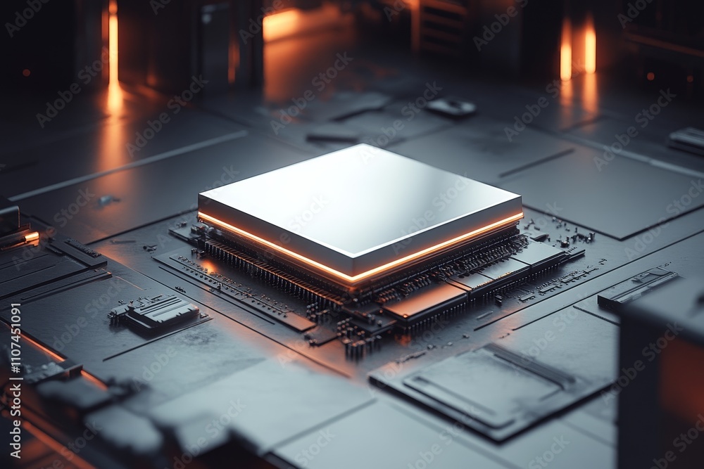 Poster modern microprocessor on circuit board surrounded by technology elements and neon lights in a high-t