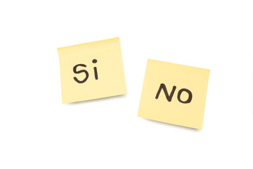 Si and no words written on sticky papers on a white background (trad. yes and no)