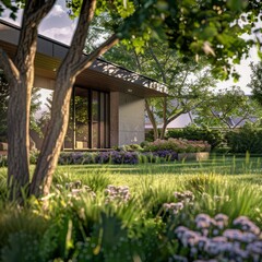 A modern home with large windows surrounded by a vibrant garden featuring lush greenery, flowering plants, and shaded areas under mature trees.