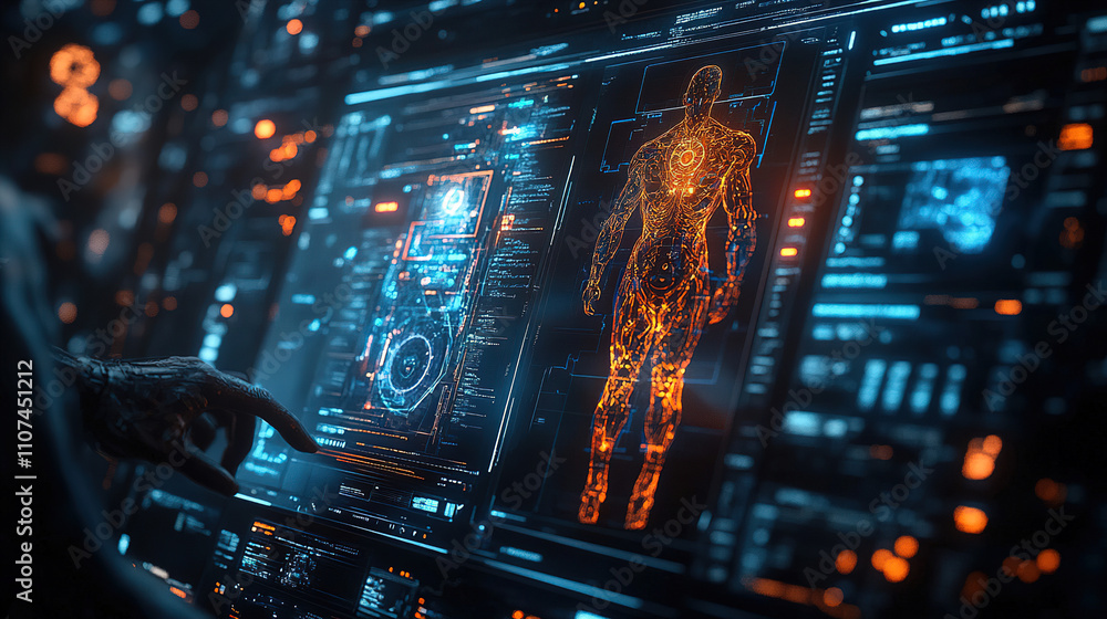 Poster futuristic interface displaying human anatomy and digital data with vivid neon colors in a sci-fi en