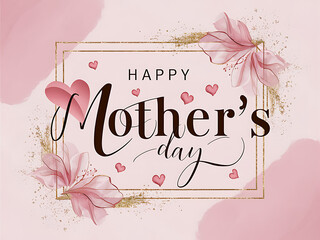 Mother's day greeting card with pink hearts. Happy mothers Day han drawn lettering banner, template, poster. Floral artictic background for mothers day