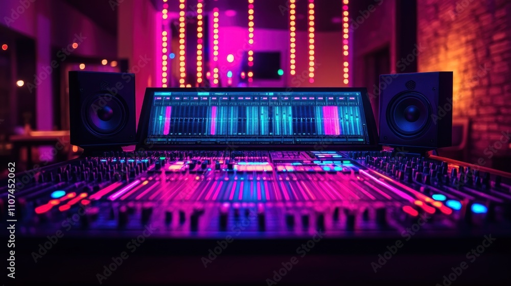 Poster a close-up of a professional audio mixing console with speakers and a computer monitor in a recordin