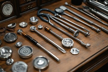 Precision instruments, tools, and gauges on a wooden surface.