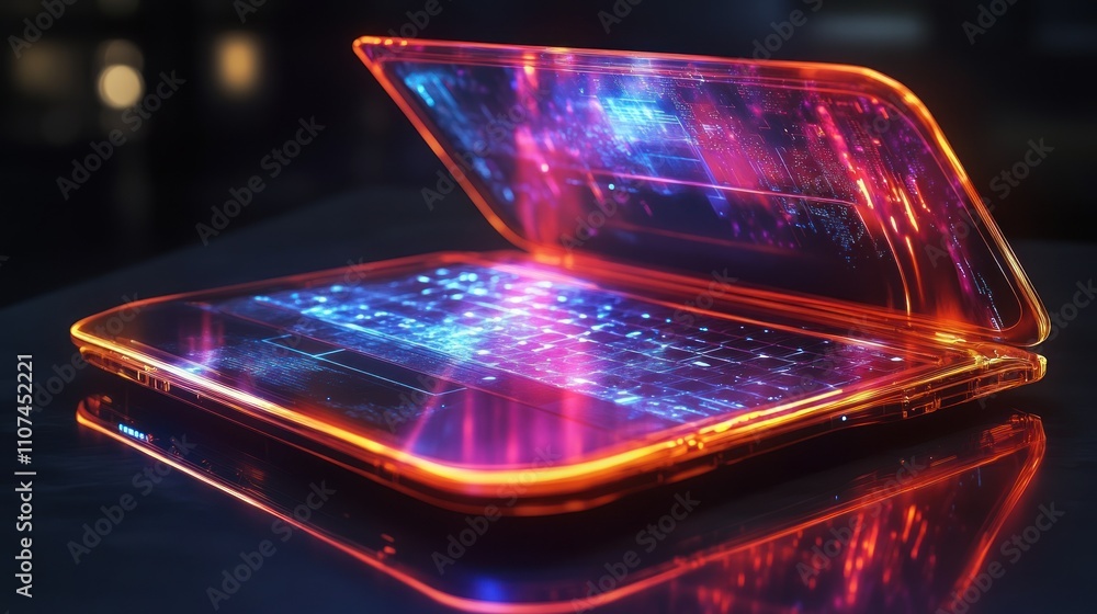 Poster a futuristic transparent laptop with glowing neon lights and data visualizations on the screen.