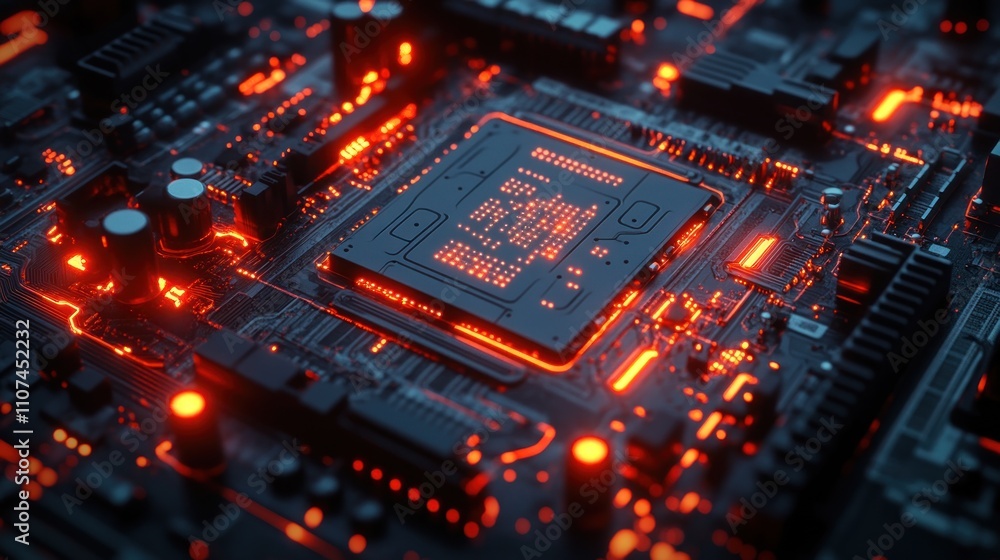 Poster a close-up view of a computer motherboard with a glowing red cpu in the center.