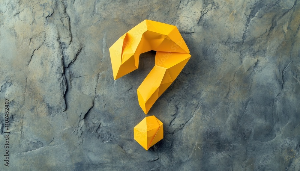 Poster yellow paper question mark origami on grey background with empty space for customization, ideal as a