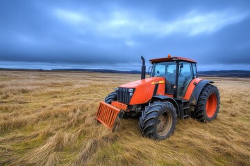 Obraz premium Orange Agricultural Tractor in a Rural Landscape under a Dramatic Cloudy Sky, Surrounded by Tall Dry Grass in an Open Field with a Scenic Horizon