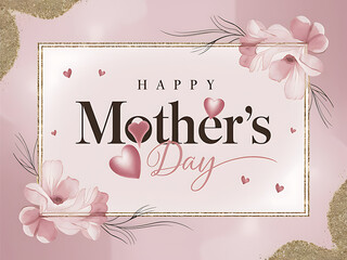Mother's day greeting card with pink hearts. Happy mothers Day han drawn lettering banner, template, poster. Floral artictic background for mothers day