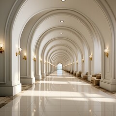 Fototapeta premium A luxurious corridor with a row of arches and soft wall lights, reflecting on a polished white tiled floor.