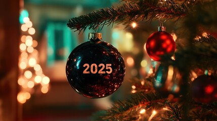 Christmas tree with four balls hanging on it with the inscription 2025. Abstract background of Christmas attributes with the next year number.