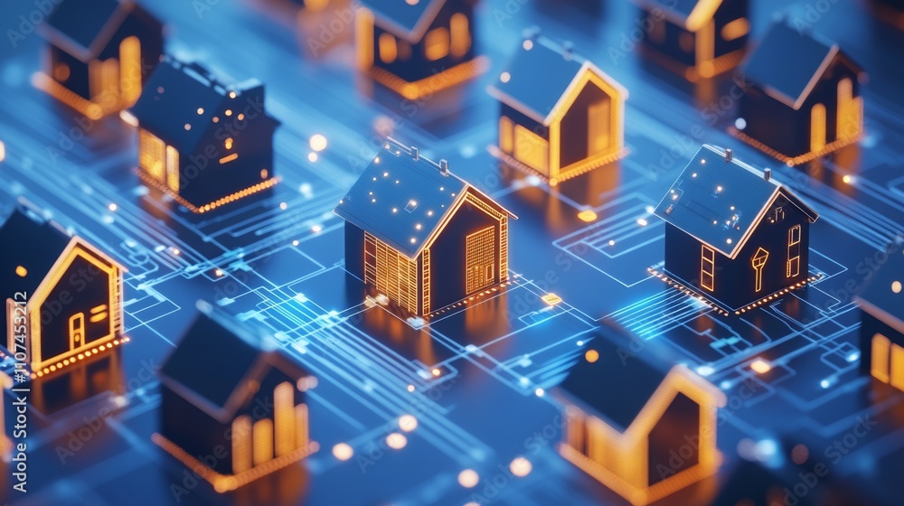 Aufkleber a digital representation showcases various houses interconnected by circuit lines, indicating the fu