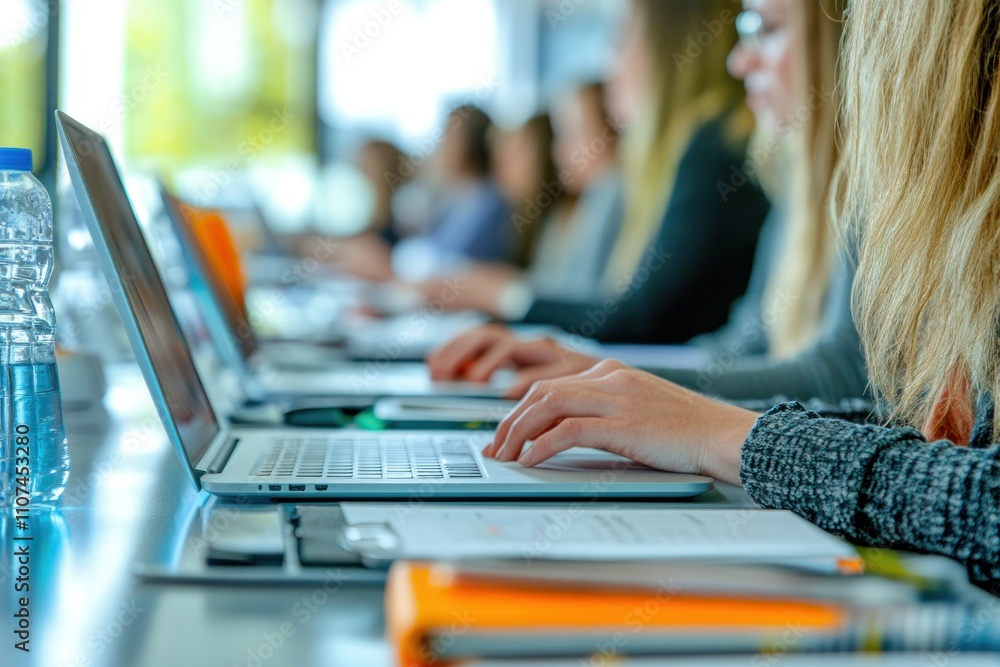 Poster students using laptops in a classroom, working on projects or assignments.