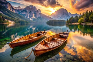 Obraz premium Elegant macro photography captures two wooden boats on a serene lake, embraced by the majestic mountains under a breathtaking sunset, evoking tranquility and natureâ€™s beauty.