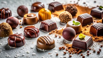 Elegant minimalist photography showcases assorted chocolate pieces and cocoa powder, perfect for gourmet desserts and indulgent treats. Ideal for satisfying any sweet tooth's cravings.