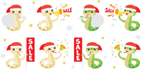 Fototapeta premium クリスマスセールの蛇のサンタクロース セット