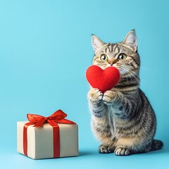 Adorable tabby cat holding a red heart-shaped gift, perfect for Valentine's Day.. A cute tabby cat sits against a bright turquoise/light-blue background, holding a small red heart-shaped