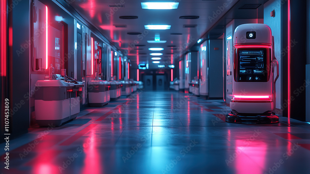Poster futuristic hallway with a delivery robot in a high-tech facility illuminated by neon lights. generat