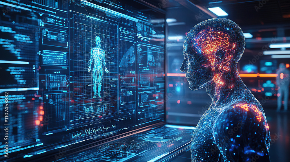 Poster human silhouette interacting with futuristic holographic display in a high-tech environment. generat