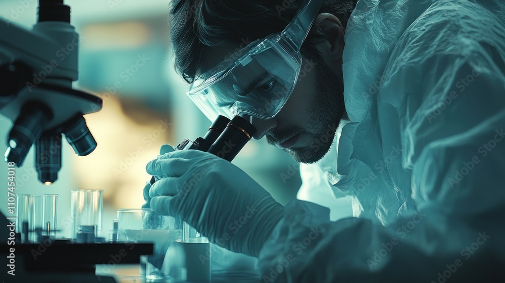 Aufkleber scientist in protective gear using a microscope in a laboratory.