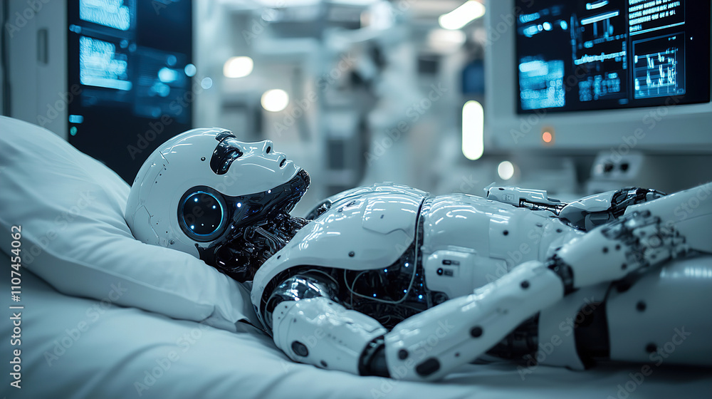 Poster advanced humanoid robot resting on a medical bed in a futuristic laboratory setting during a researc