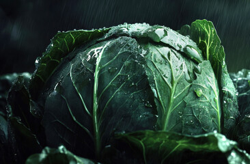 Obraz premium A close-up of a large green cabbage with drops glistening on its leaves in the rain. The background is dark and moody, adding a fresh and vital mood to your commercial photo presentation.