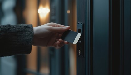 Obraz premium Hand Using Security Key Card To Scan And Access Private Building With Advanced Lock Technology For Enhanced Home And Building Security System