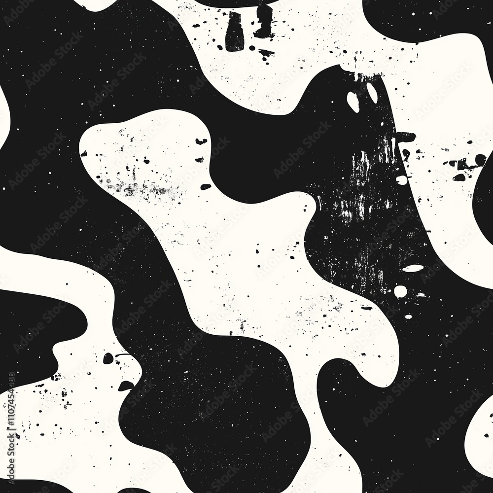 Poster unique black and white camouflage pattern with textured elements and fluid shapes on a background