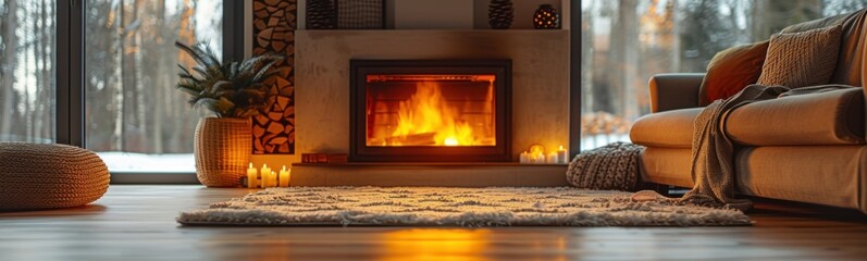 Fireplace with candles lit in front of a cozy living room