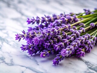 Elegant tilt-shift lavender blooms on a sleek marble surface, ideal for floral design and home decor, bringing soft colors and sophisticated style to any space.