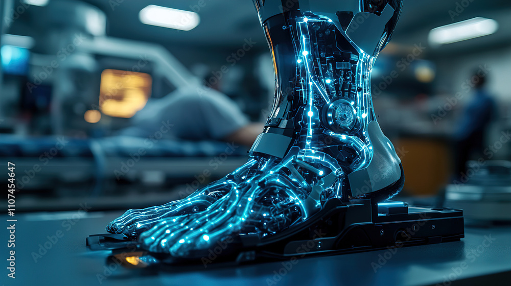 Poster high-tech robotic foot design showcased in a modern laboratory during a technology demonstration eve