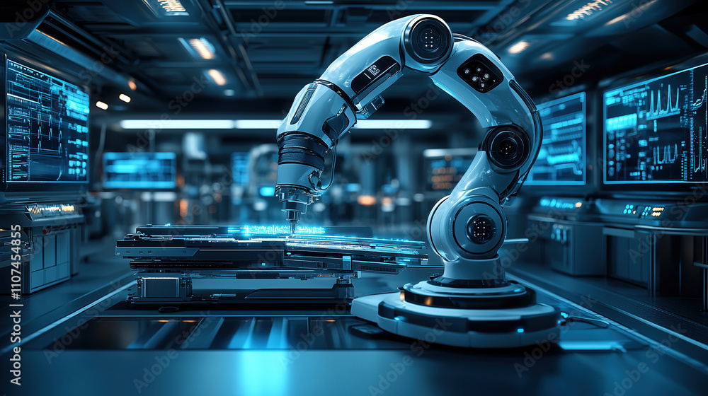 Poster robotic arm working in a high-tech laboratory during a detailed manufacturing process. generative ai