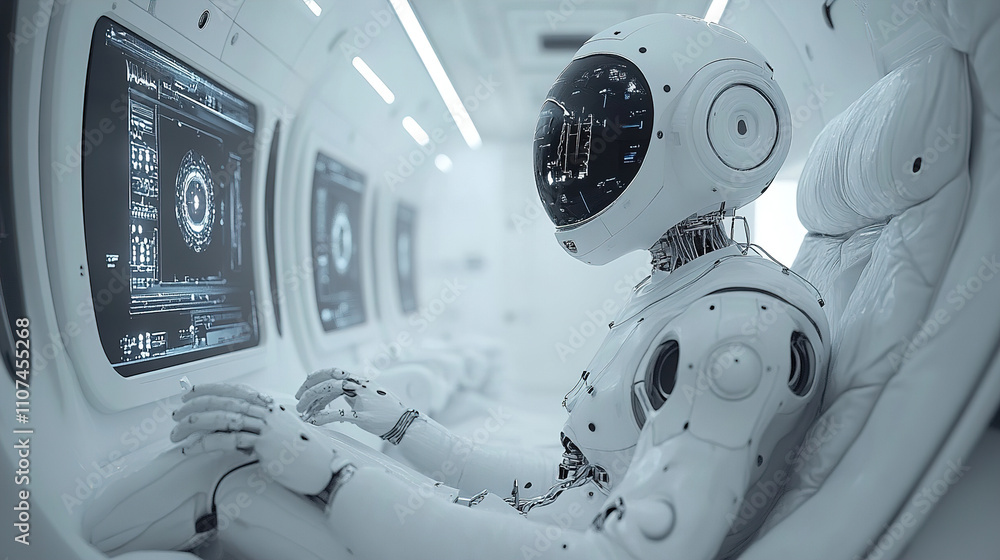 Poster robot working on advanced technology inside a futuristic spacecraft during a space exploration missi