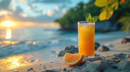 Obraz premium glass of cocktail stands on sand against backdrop of tropical sea. idea of summer vacation