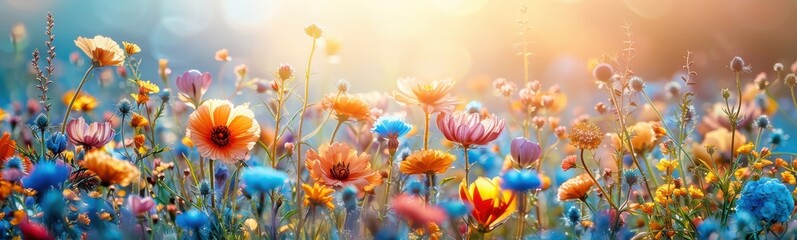 Brightly colored flowers in a field with the sun shining, banner, plant background, copy space