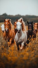 Obraz premium A herd of horses running through a field of wildflowers, with the lead horse looking directly at the camera.
