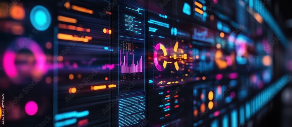 Poster abstract futuristic technology background with glowing lines, data, and graphics on a screen.